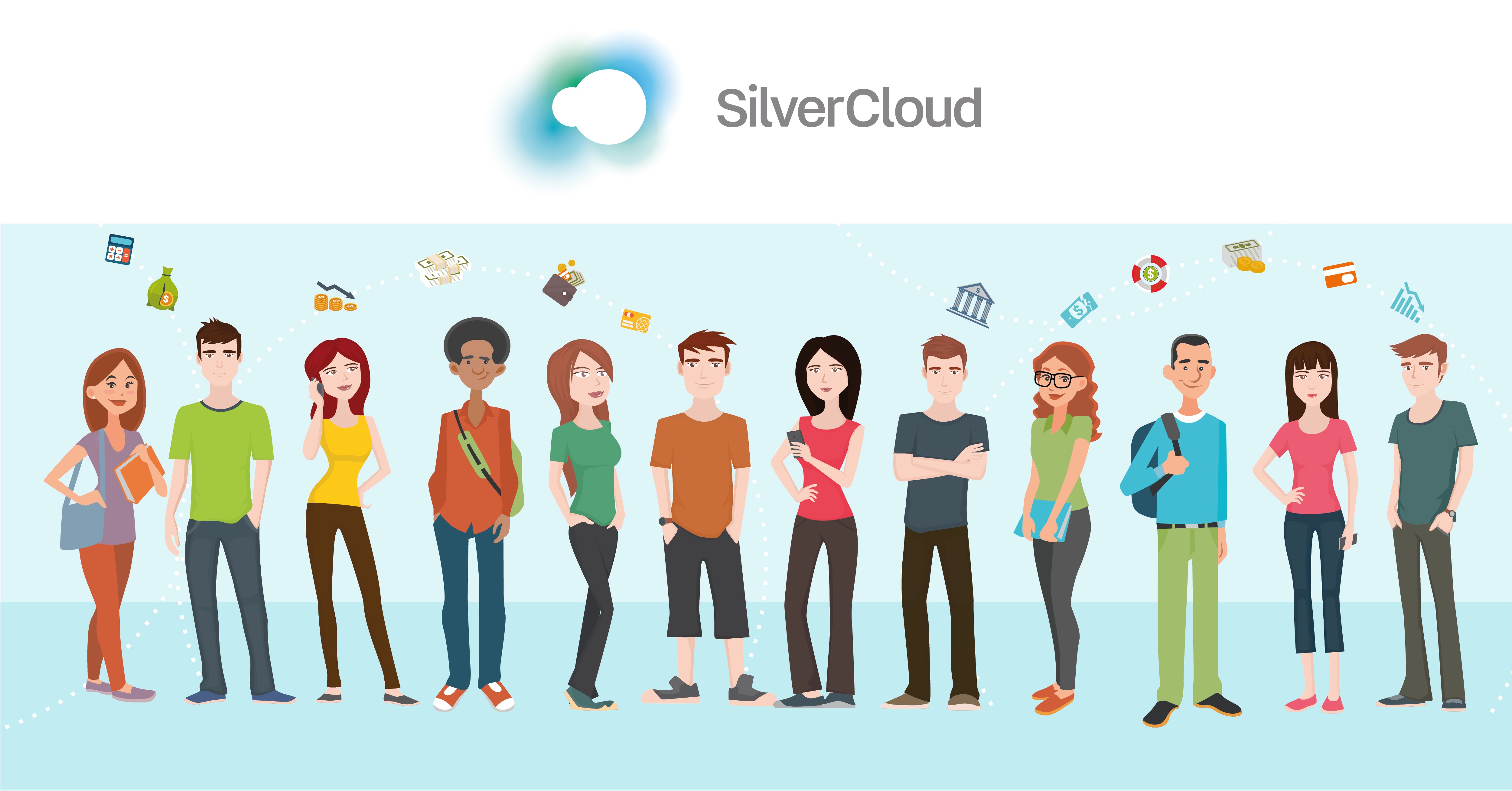 A group of 12 diverse people, standing in a line. There are symbols for money and the Silver Cloud logo above their heads.