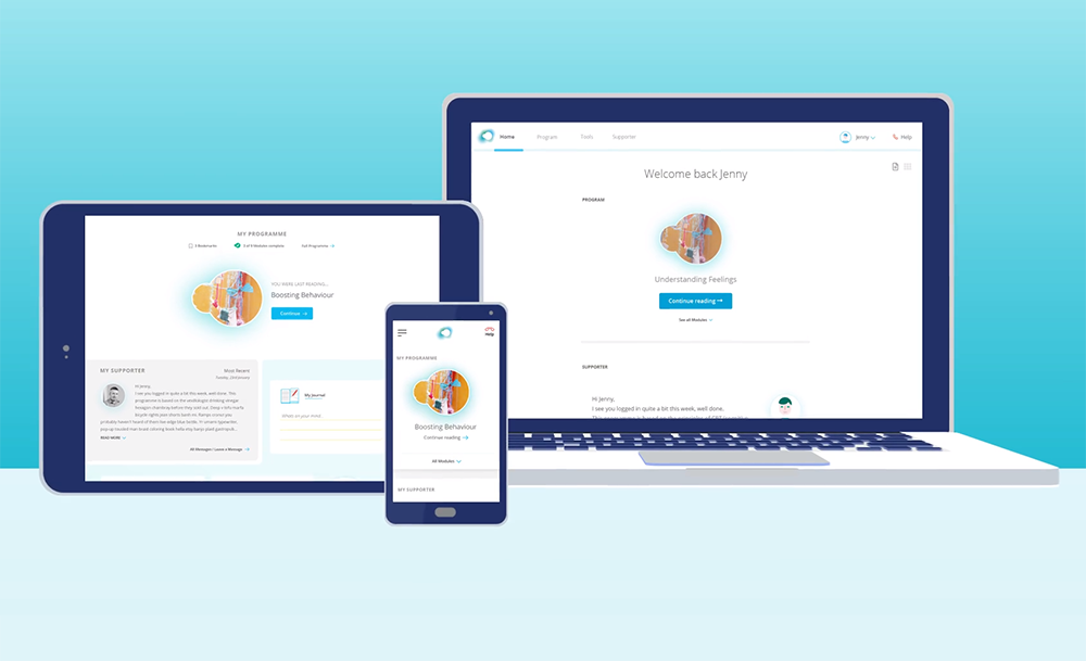 A laptop, a tablet and a smartphone all showing various pages of the SilverCloud Health website.
