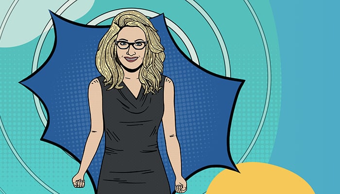 An animated version of Carlene Macmillan, MD. She has blond hair and is wearing a black dress.