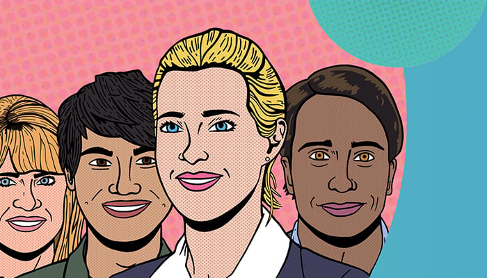 A comic book animated version of four people smiling.