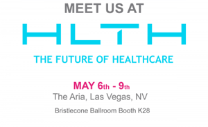 The words Meet us at H L T H the future of healthcare, May 6th - 9th The Aria, Las Vegas, NV, Bristlecone Ballroom.