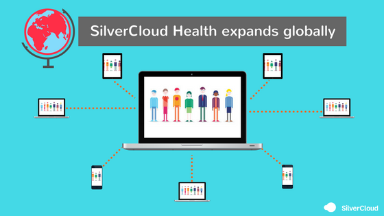 A laptop with dotted lines going out to lots of phones and tablets, with the words Silver Cloud Health Expands Globally.
