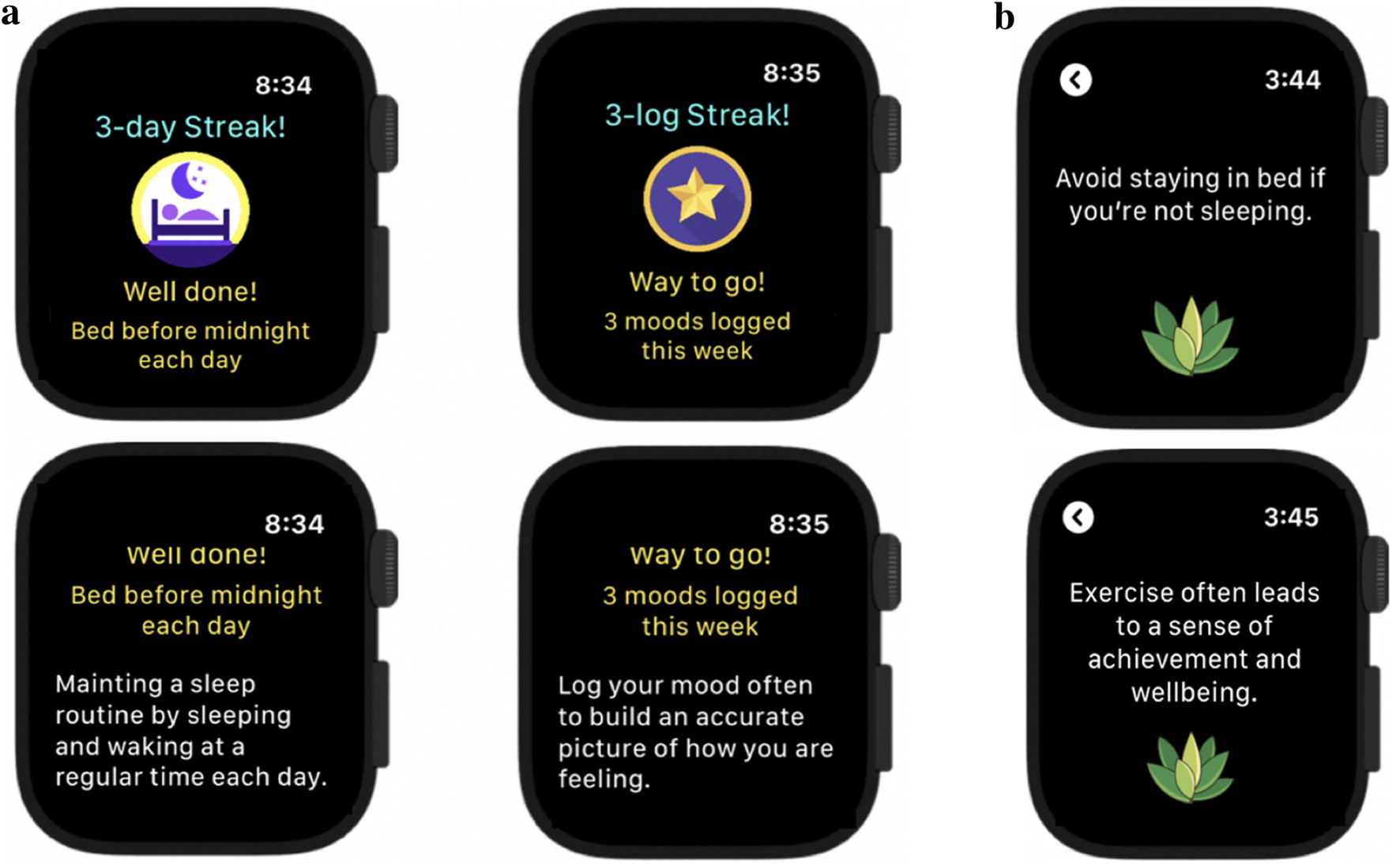 6 smartwatches showing the Silver Cloud app being used for encouraging prompts and tips to stay well.