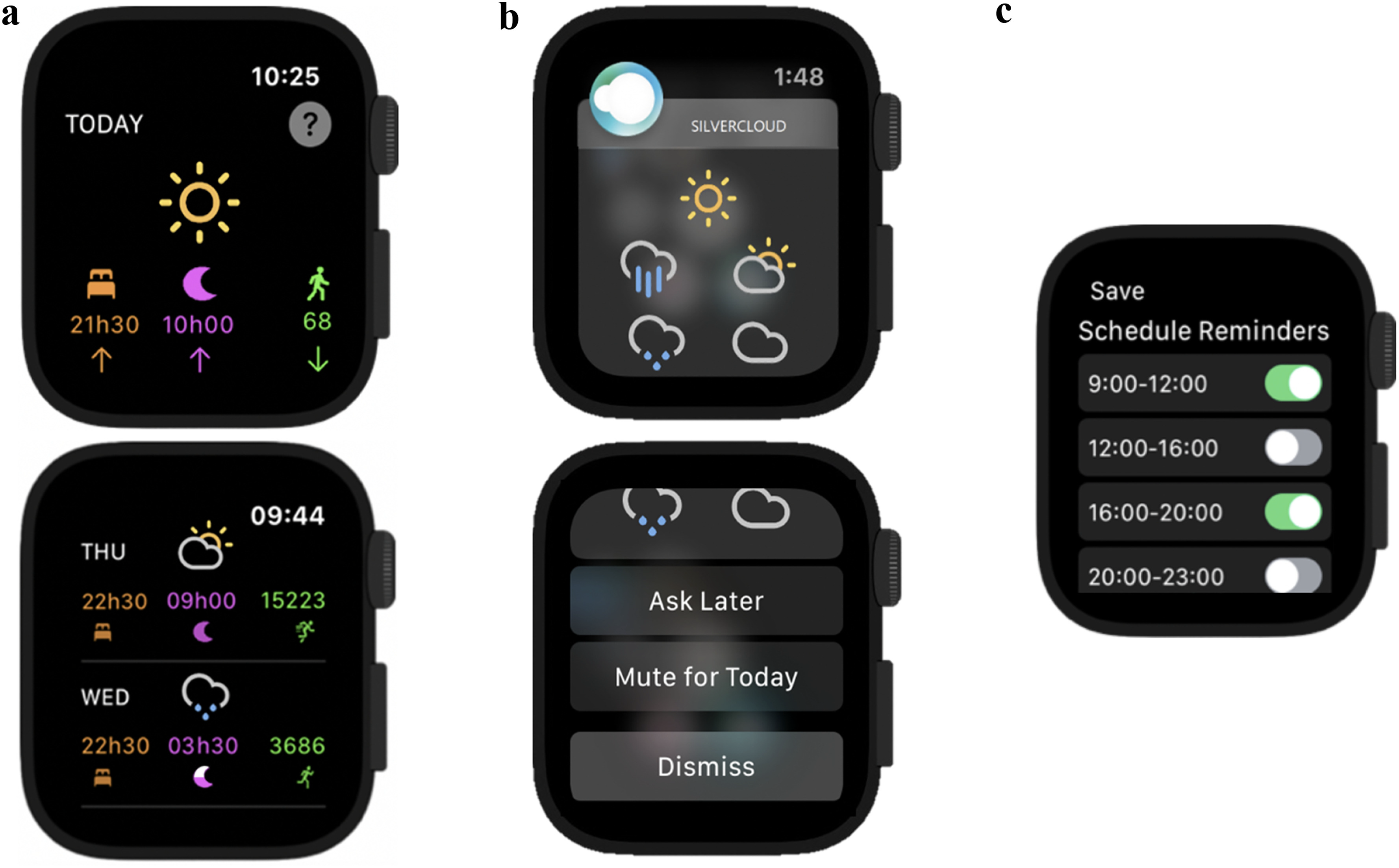 5 different smartwatches showing the Silver Cloud app Home screen, Mood reminder, and Reminder scheduling.