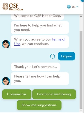 A screenshot of a chat session with an OSF Healthcare representative.