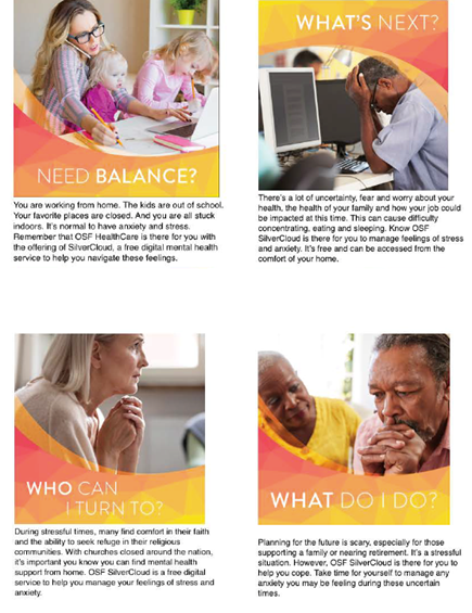 4 pictures of different people in stressful situations, showing anxiety, and descriptions of how to help.