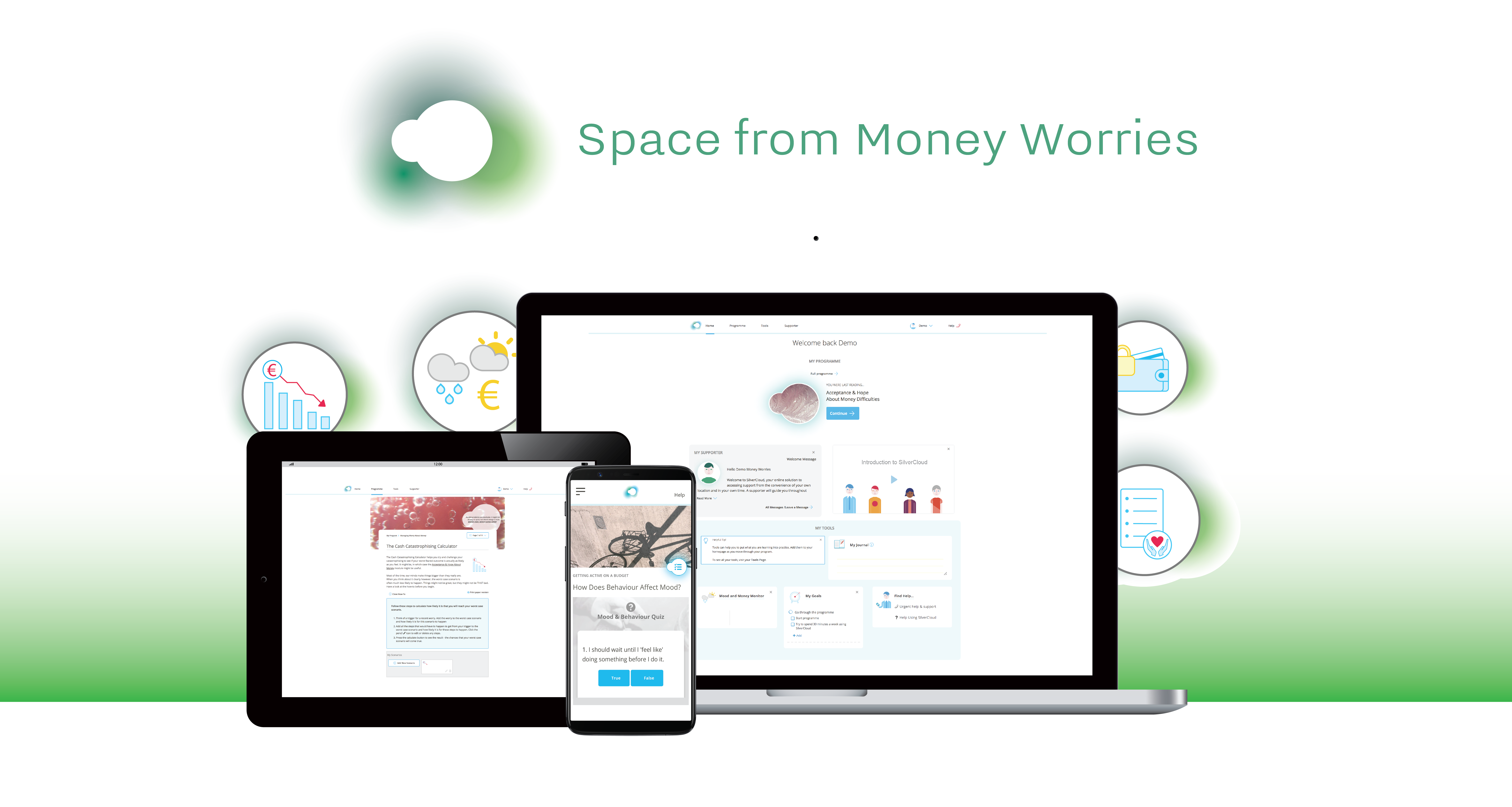 A laptop, tablet and smartphone displaying pages from the SilverCloud website and the words Space from Money Worries.