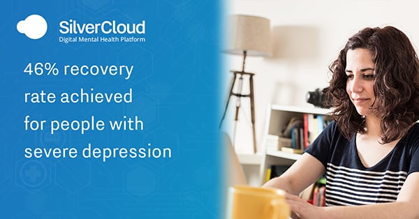 A woman working on her laptop. The  left are the words 46% recovery rate achieved for people with severe depression.