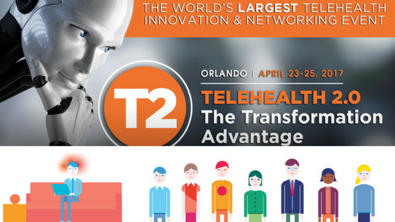 The words The world's largest telehealth innovation and networking event, Orlando April 23-25, 2017 Telehealth 2.0.
