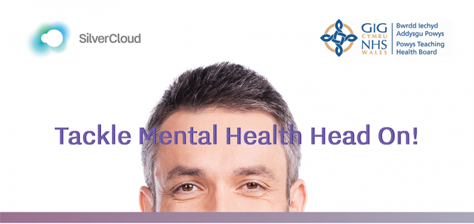A man seen from the nose up with the words tackle mental health head on, across his forehead, and The Silver Cloud logo.