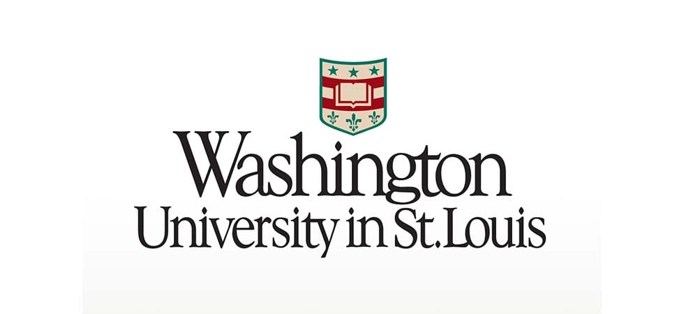 Washington University in St. Louis underneath their logo which is a shield with green stars and fleur de lis and an open book.