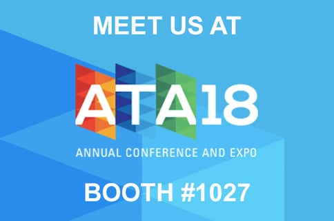 The words meet us at A T A 18 annual conference and expo booth number 1027 on a blue background.