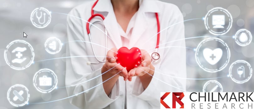 Graphic of a medical physician wearing scrubs and a stethoscope holding an animated heart in her hands for Chilmark research.