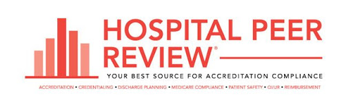 The words Hospital Peer Review in red text, next to a red bar chart with 5 bars.