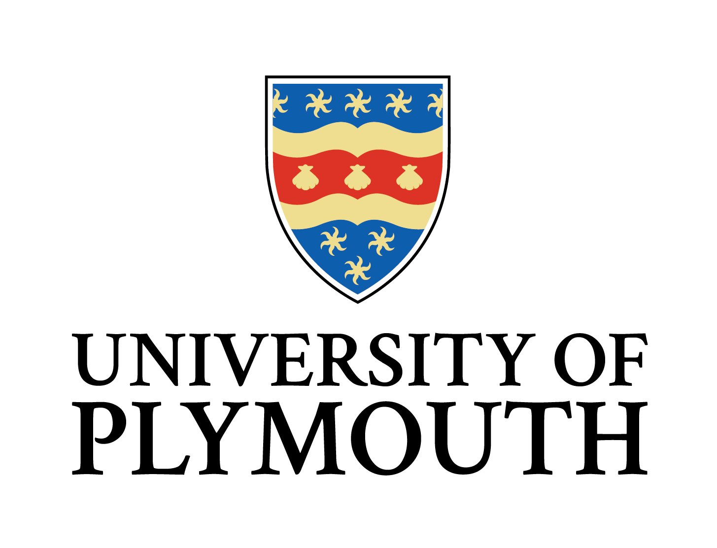 The words University of Plymouth underneath their logo which is a shield of blue, yellow and red sections with starfish and shells on it.