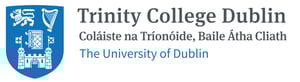 The words Trinity College Dublin The University of Dublin next to their coat of arms with a lion, a harp, and a castle on it.